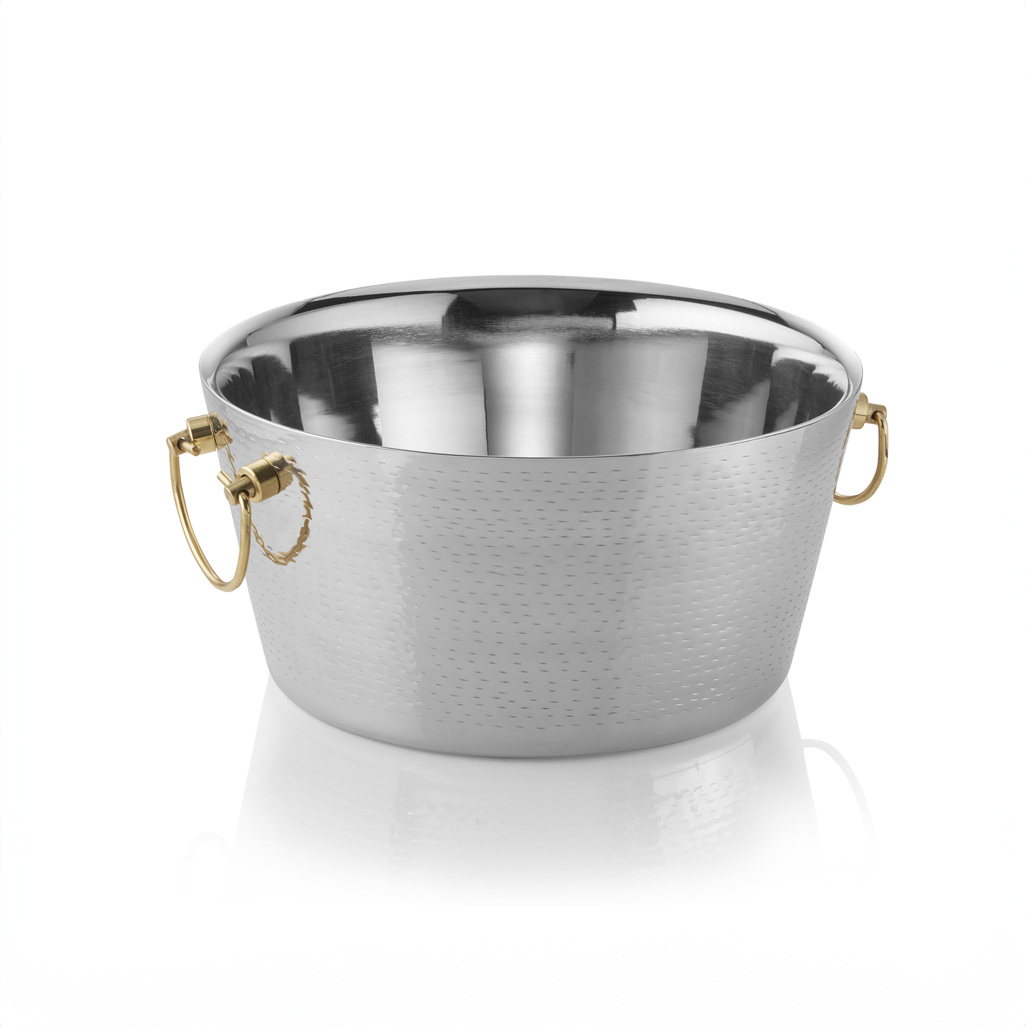 Champagnerkühler mit Messinggriffen, Ø 34 cm, Höhe 17 cm, doppelwandig, gehämmerte Oberfläche, Chromnickelstahl, Messing