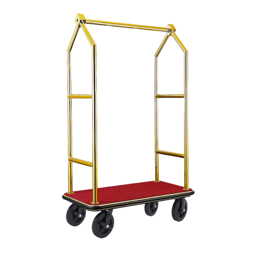 Gepäckwagen Voyager, 112 x 65 x 190 cm, Titanium gold, roter Teppich, Chromnickelstahl 18/8