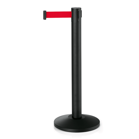 Abgrenzungspfosten Largeflex, schwarz, 450 cm, Set á 2 Stück, rotes Gurtband, Pulverbeschichtet, Stahl