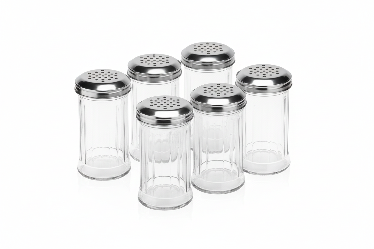 Streuer 6er-Set, Ø 7,5 cm, Höhe 13,5 cm, Glas, Edelstahl