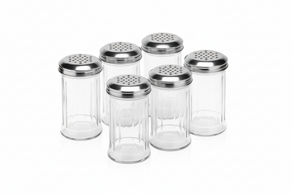Streuer 6er-Set, Ø 7,5 cm, Höhe 13,5 cm, Glas, Edelstahl