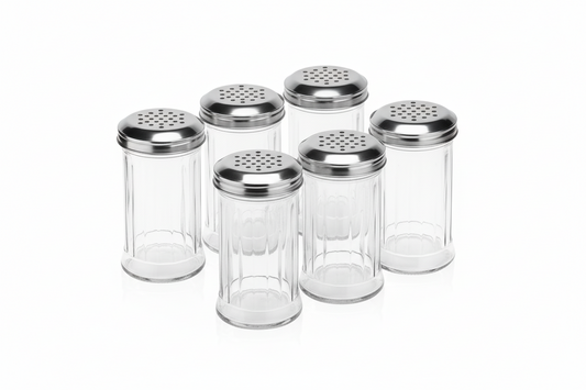 Streuer 6er-Set, Ø 7,5 cm, Höhe 13,5 cm, Glas, Edelstahl