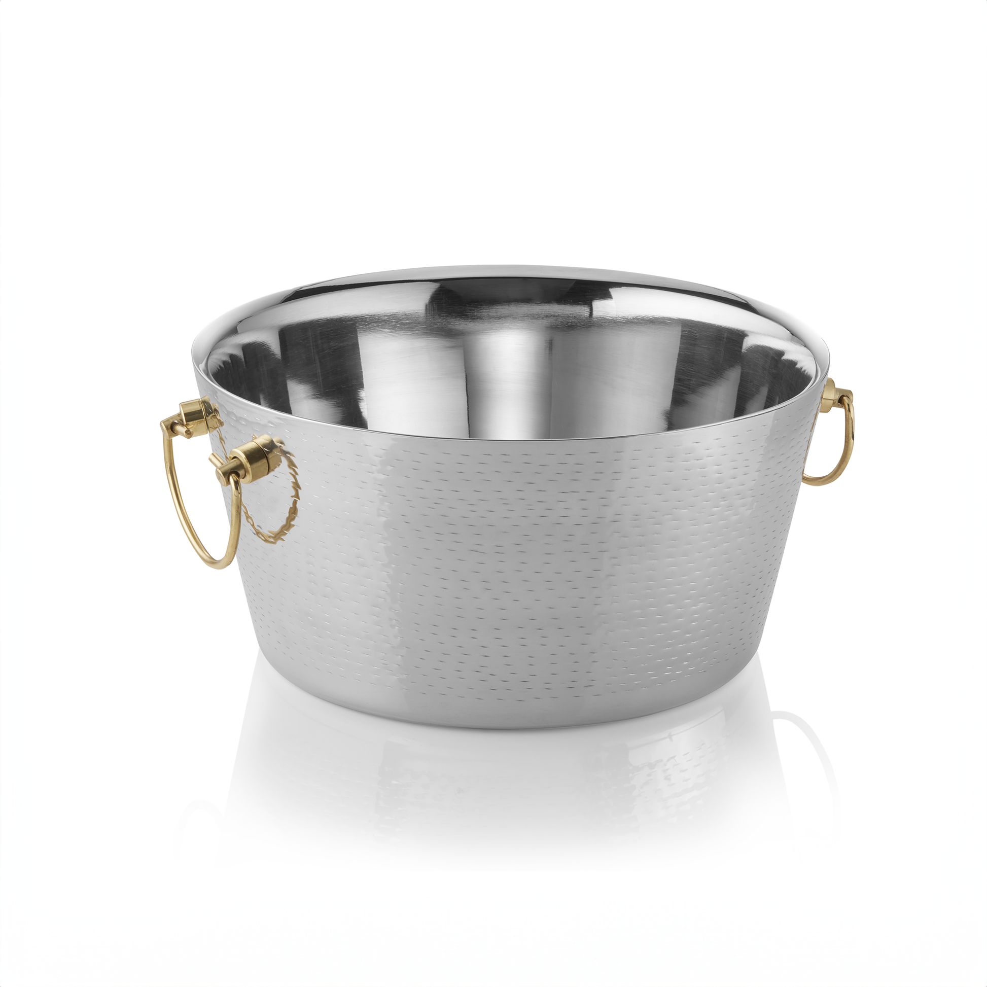 Champagnerkühler mit Messinggriffen, Ø 34 cm, Höhe 17 cm, doppelwandig, gehämmerte Oberfläche, Chromnickelstahl, Messing