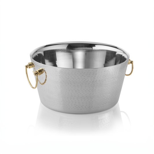 Champagnerkühler mit Messinggriffen, Ø 34 cm, Höhe 17 cm, doppelwandig, gehämmerte Oberfläche, Chromnickelstahl, Messing