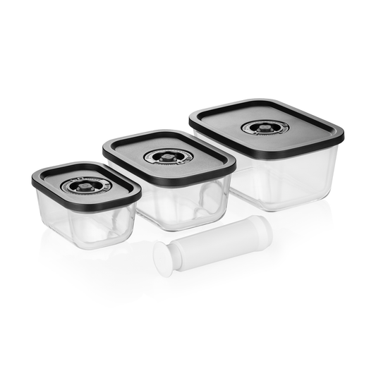 Frischhaltedosen Set mit ABS Deckel, 3-teilig, mit manueller Vakuum Pumpe, Boroslikatglas 