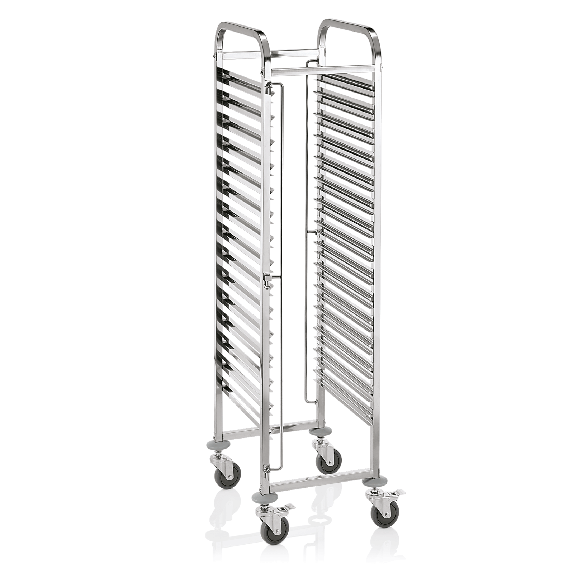 EN Regalwagen für 15 bis 30 Euronorm Tabletts, 55 x 42,5 x 174 cm, Chromnickelstahl 