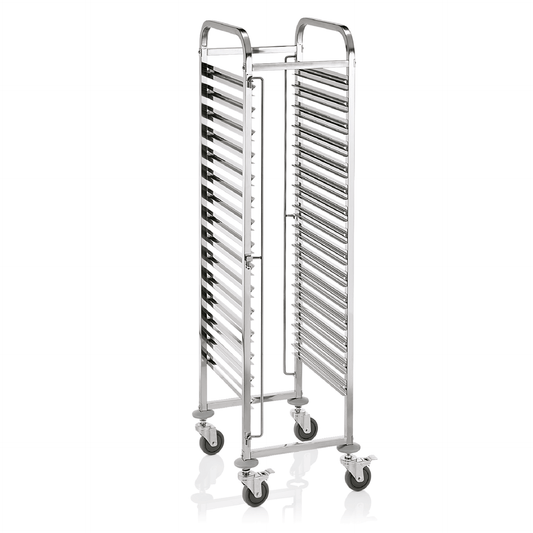 EN Regalwagen für 15 bis 30 Euronorm Tabletts, 55 x 42,5 x 174 cm, Chromnickelstahl 