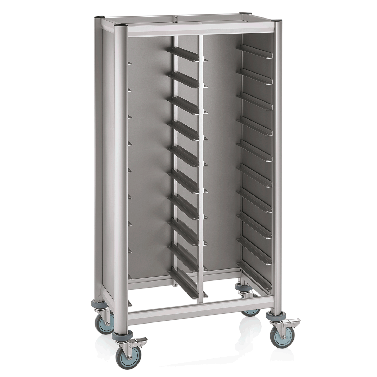Tablettwagen SINGLE Mensa, für 2x10 Tabletts, silber, 86 x 51 x 165 cm, MDF Holzoptik/Aluminium