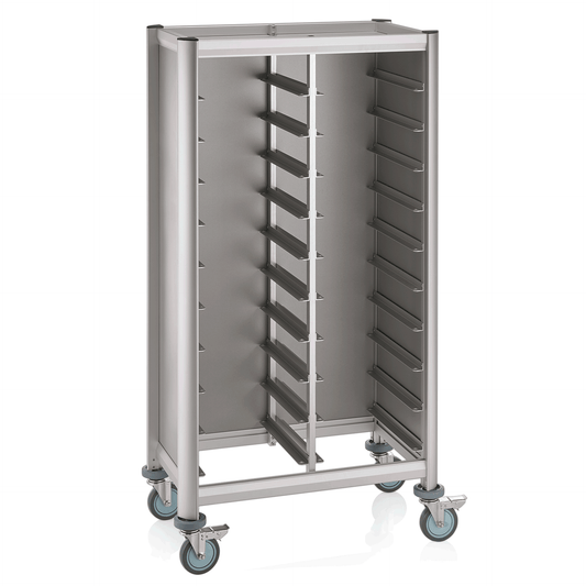 Tablettwagen SINGLE Mensa, für 2x10 Tabletts, silber, 86 x 51 x 165 cm, MDF Holzoptik/Aluminium