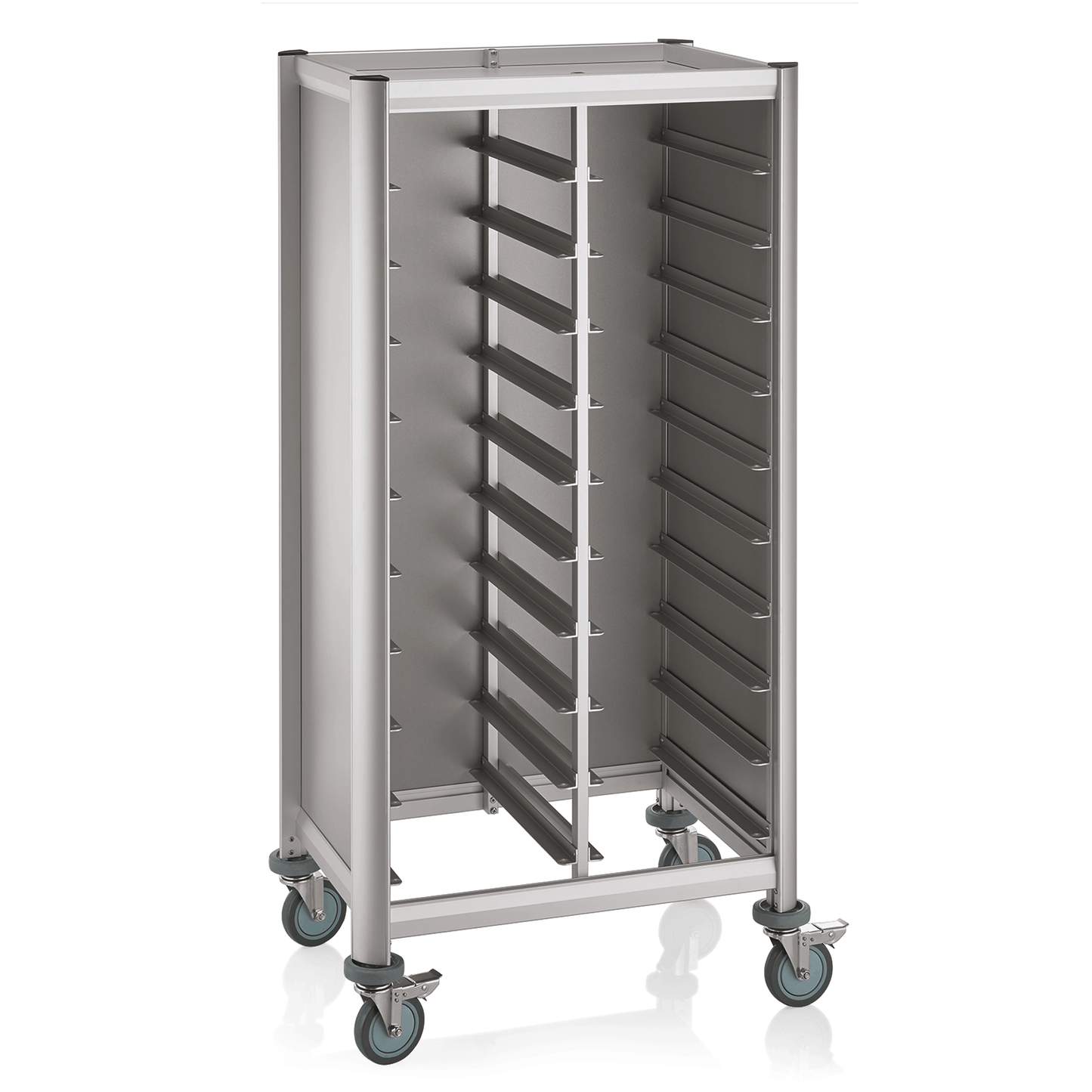 Tablettwagen SINGLE GN 1/1 Mensa, für 2x10 Tabletts, silber, 80 x 60 x 165 cm, MDF/Aluminium