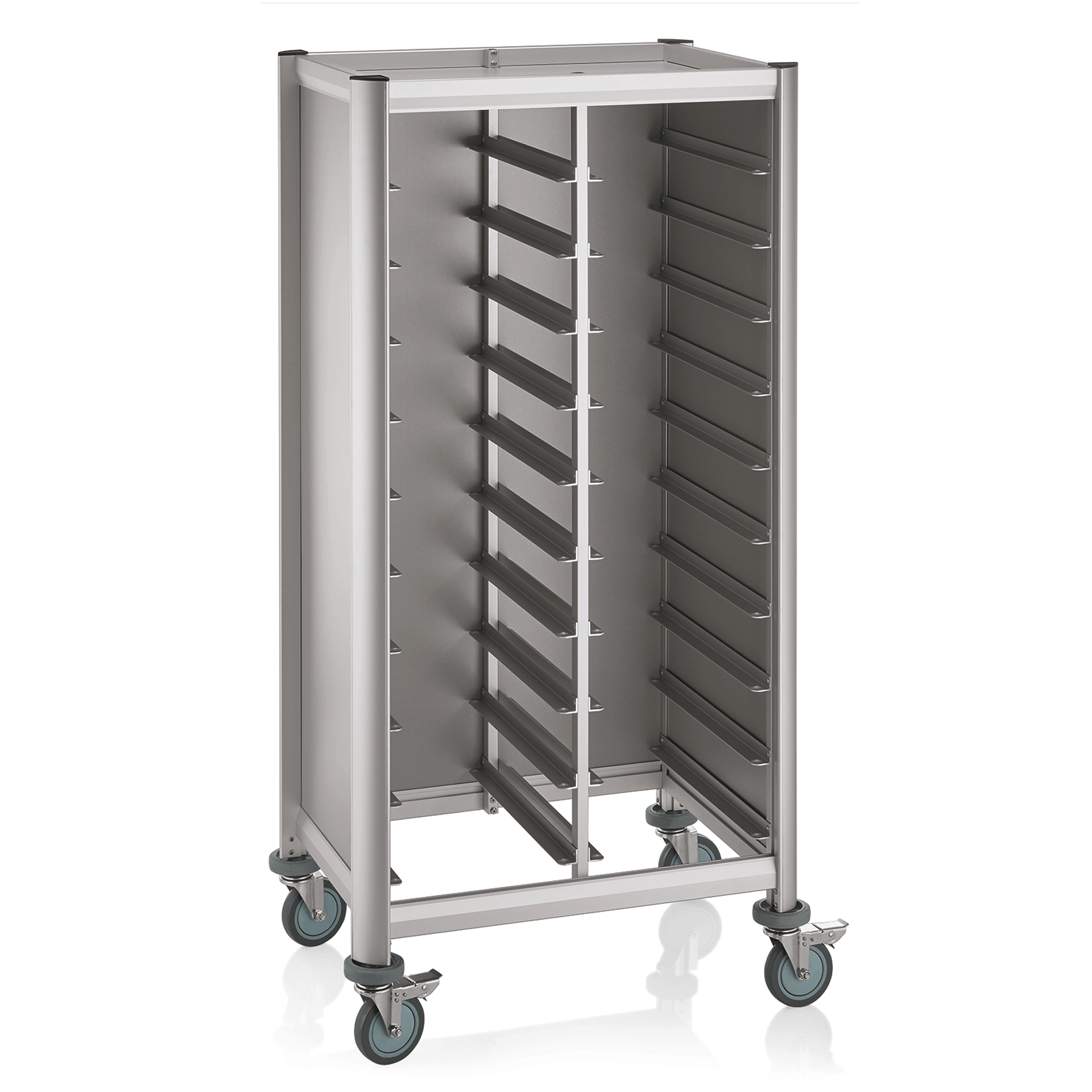 Tablettwagen SINGLE GN 1/1 Mensa, für 2x10 Tabletts, silber, 80 x 60 x 165 cm, MDF/Aluminium
