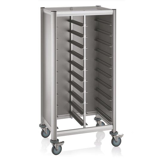 Tablettwagen SINGLE GN 1/1 Mensa, für 2x10 Tabletts, silber, 80 x 60 x 165 cm, MDF/Aluminium