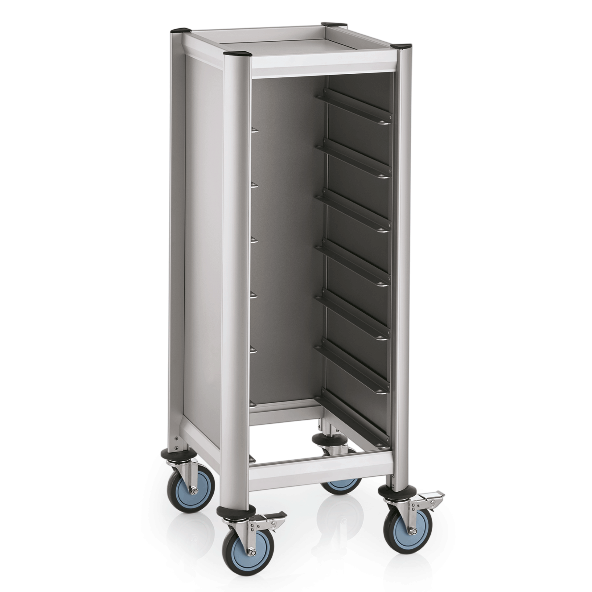 Tablettwagen SINGLE Mensa, für 7 Tabletts, silber, 51,5 x 47,5 x 125 cm, MDF Holzoptik/Aluminium