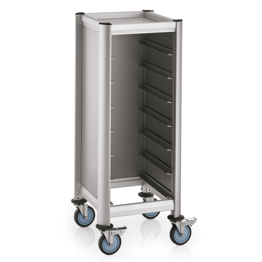 Tablettwagen SINGLE Mensa, für 7 Tabletts, silber, 51,5 x 47,5 x 125 cm, MDF Holzoptik/Aluminium