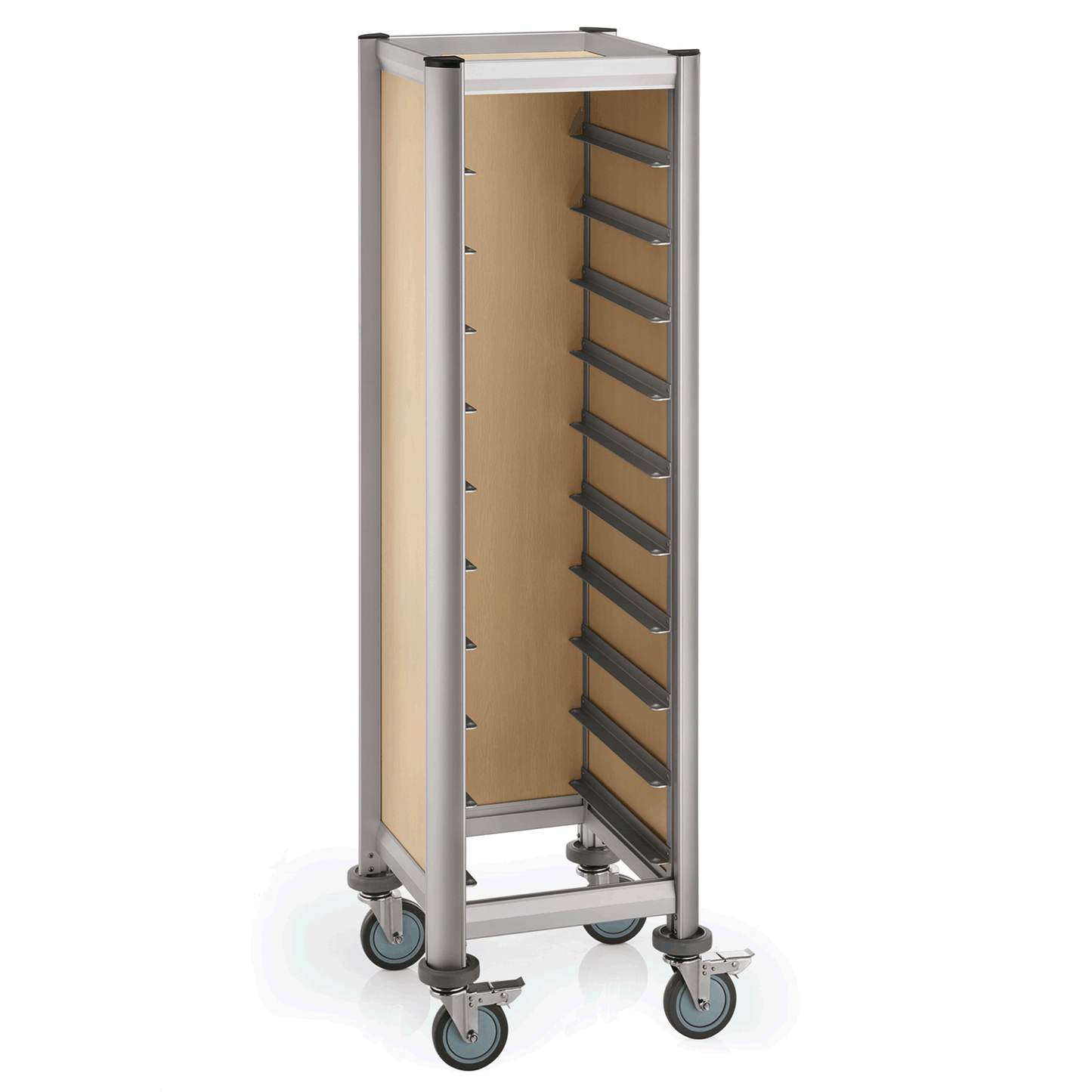 Tablettwagen SINGLE Mensa, für 10 Tabletts, beige, 51,5 x 47,5 x 165, MDF Holzoptik/Aluminium