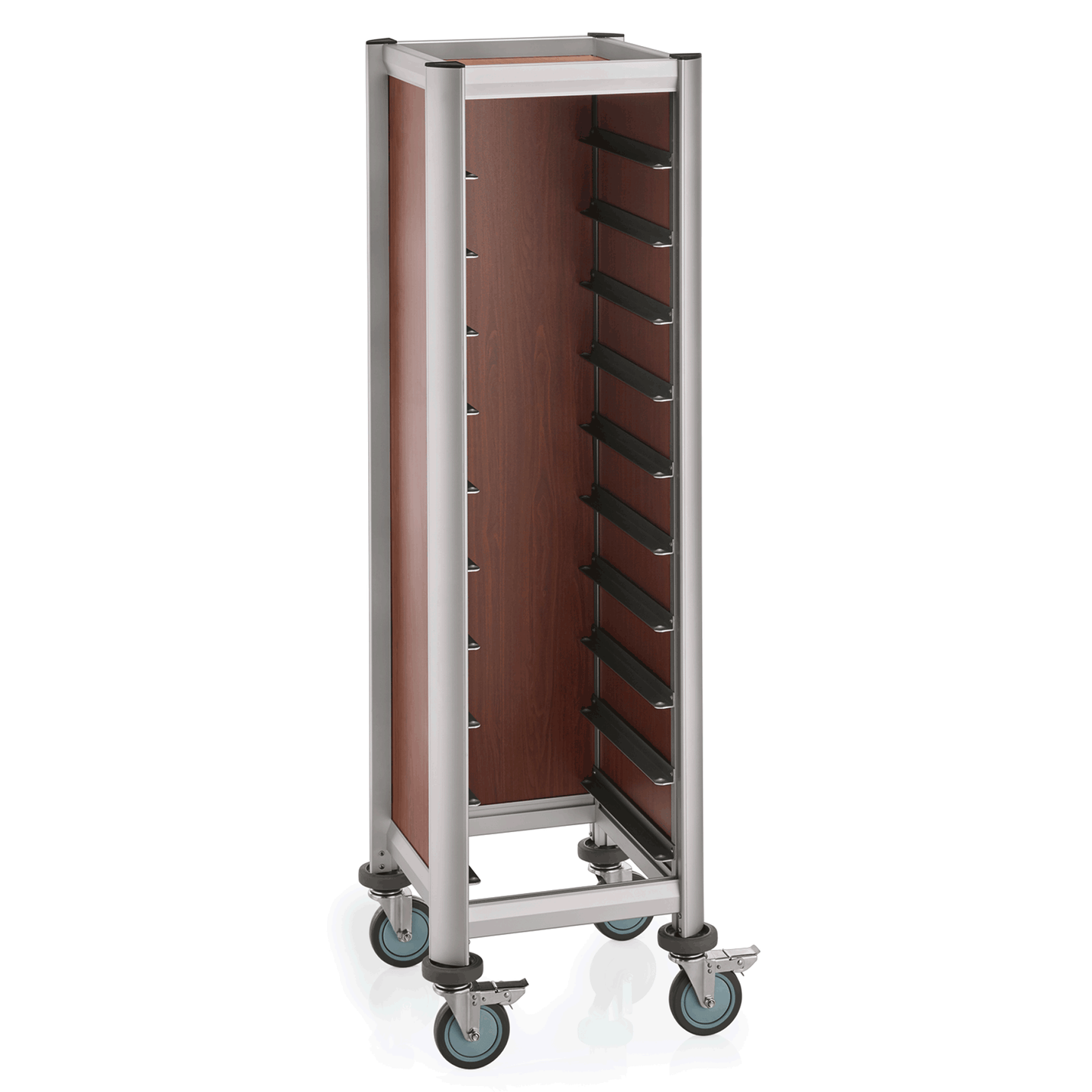 Tablettwagen SINGLE Mensa, für 10 Tabletts, braun, 51,5 x 47,5 x 165, MDF Holzoptik/Aluminium