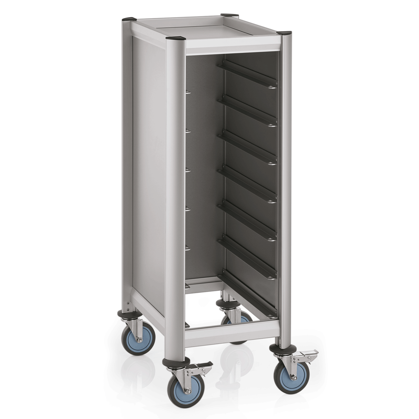Tablettwagen SINGLE GN 1/1 Mensa, für 7 Tabletts, silber, 60,5 x 44,5 x 125 cm, MDF/Aluminium