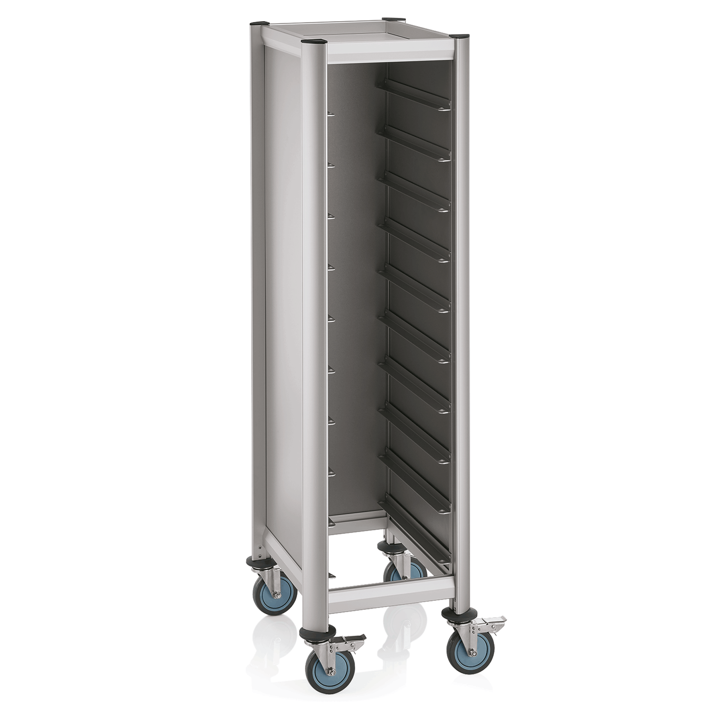 Tablettwagen SINGLE GN 1/1 Mensa, für 10 Tabletts, silber, 60,5 x 44,5 x 165 cm, MDF/Aluminium