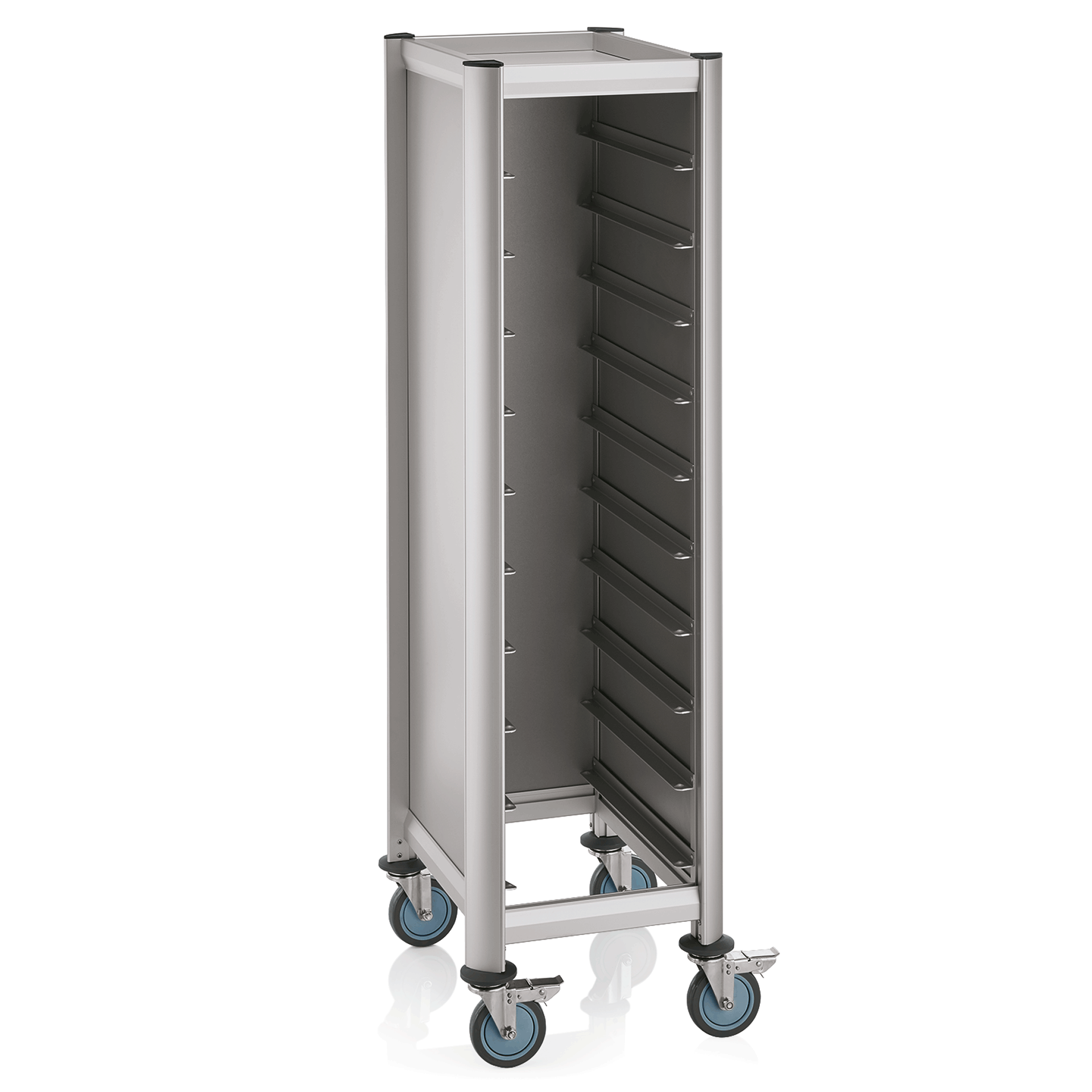 Tablettwagen SINGLE GN 1/1 Mensa, für 10 Tabletts, silber, 60,5 x 44,5 x 165 cm, MDF/Aluminium