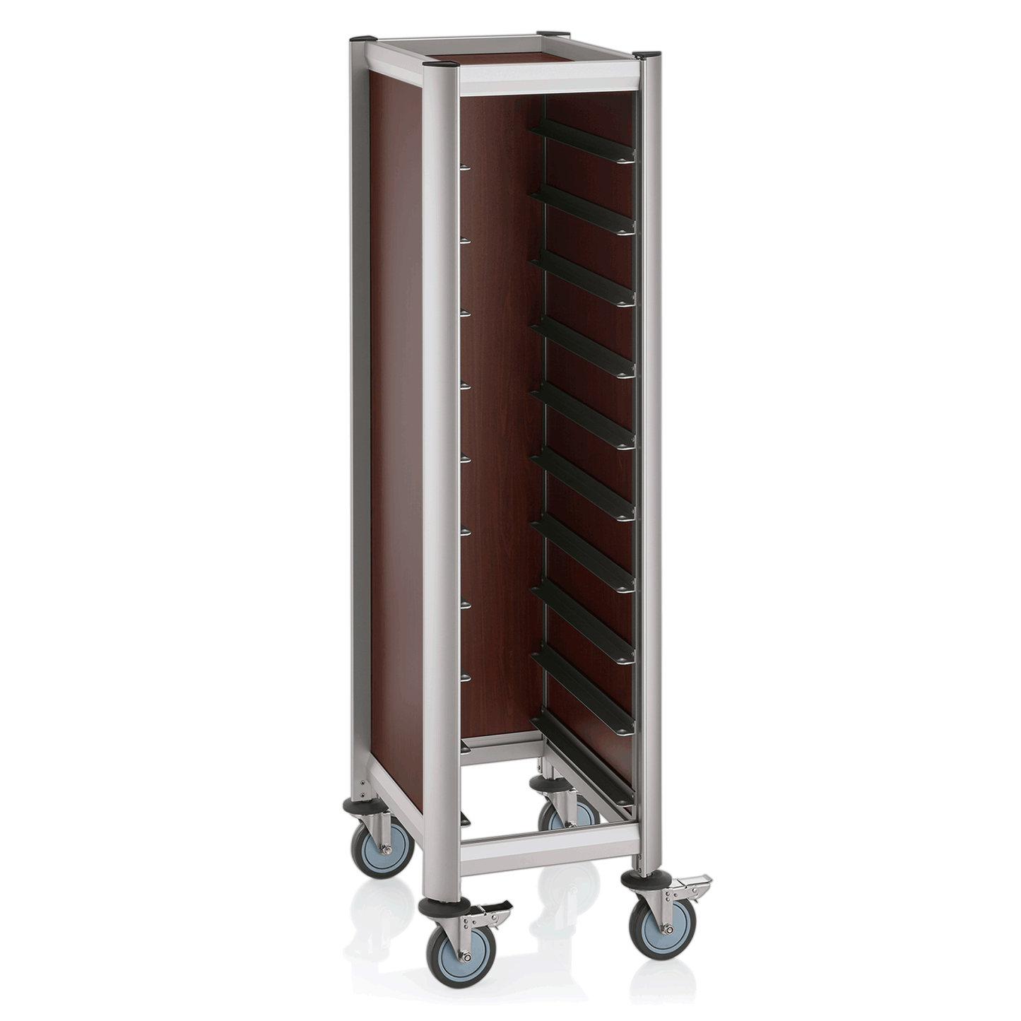 Tablettwagen SINGLE GN 1/1 Mensa, für 10 Tabletts, braun, 60,5 x 44,5 x 165 cm, MDF/Aluminium