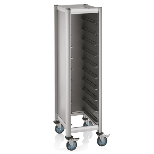 EN Regalwagen SINGLE Mensa, für 10 EN Tabletts, silber, 60 x 50 x 165 cm, MDF/Aluminium