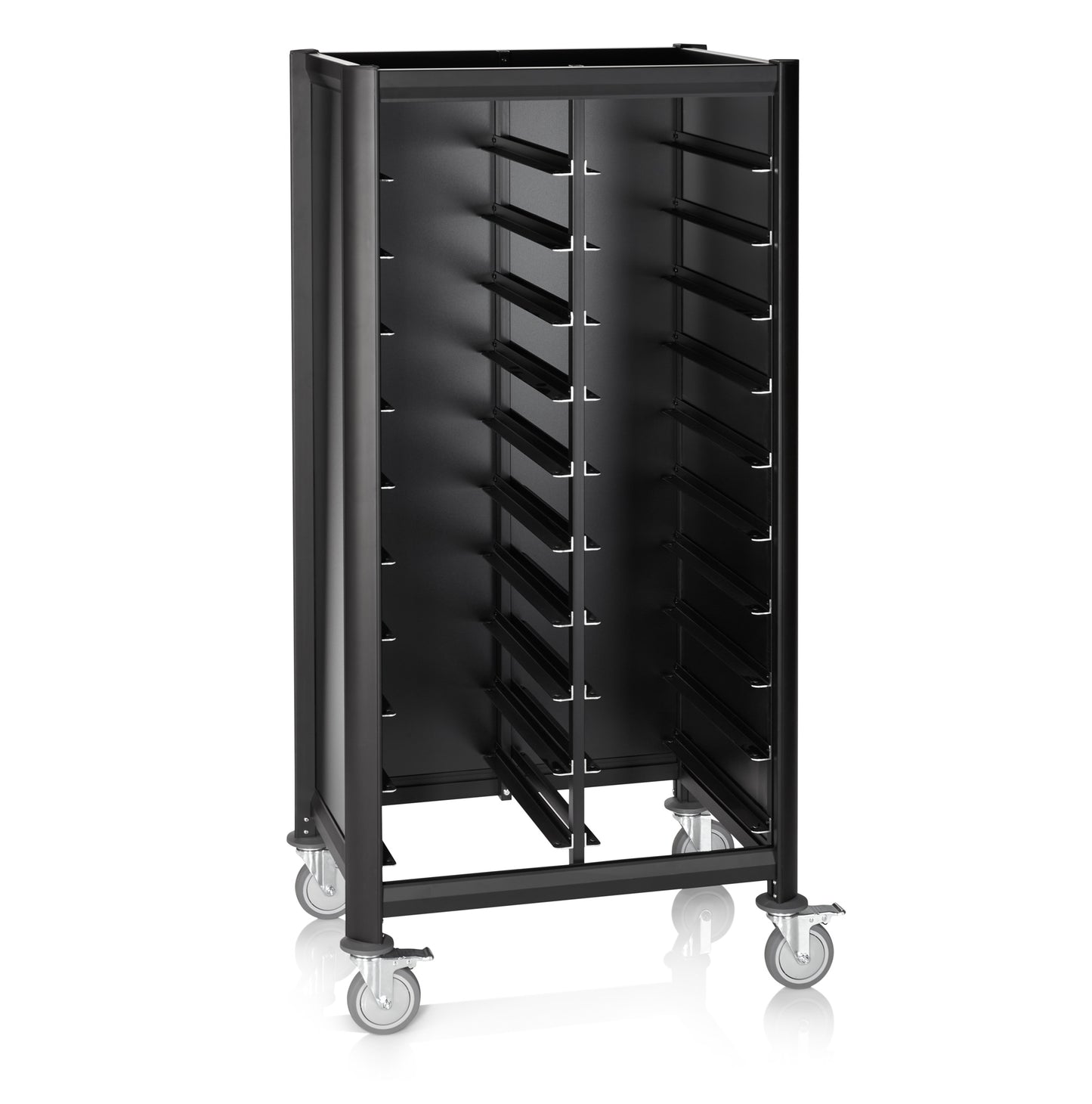 Tablettwagen DOUBLE GN 1/1 Mensa, für 2 x 10 Tabletts, schwarz, 60 x 80 x 165 cm, MDF/Aluminium