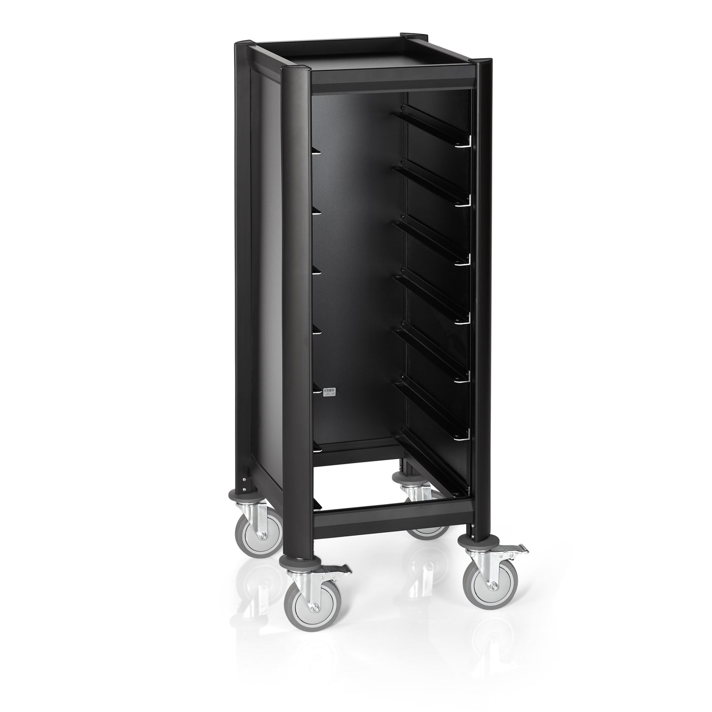 Tablettwagen SINGLE Mensa, für 7 Tabletts, schwarz, 51,5 x 47,5 x 125 cm, MDF/Aluminium