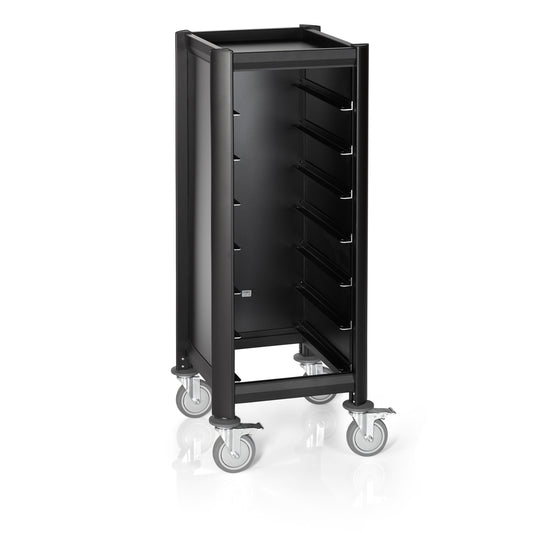 Tablettwagen SINGLE Mensa, für 7 Tabletts, schwarz, 51,5 x 47,5 x 125 cm, MDF/Aluminium