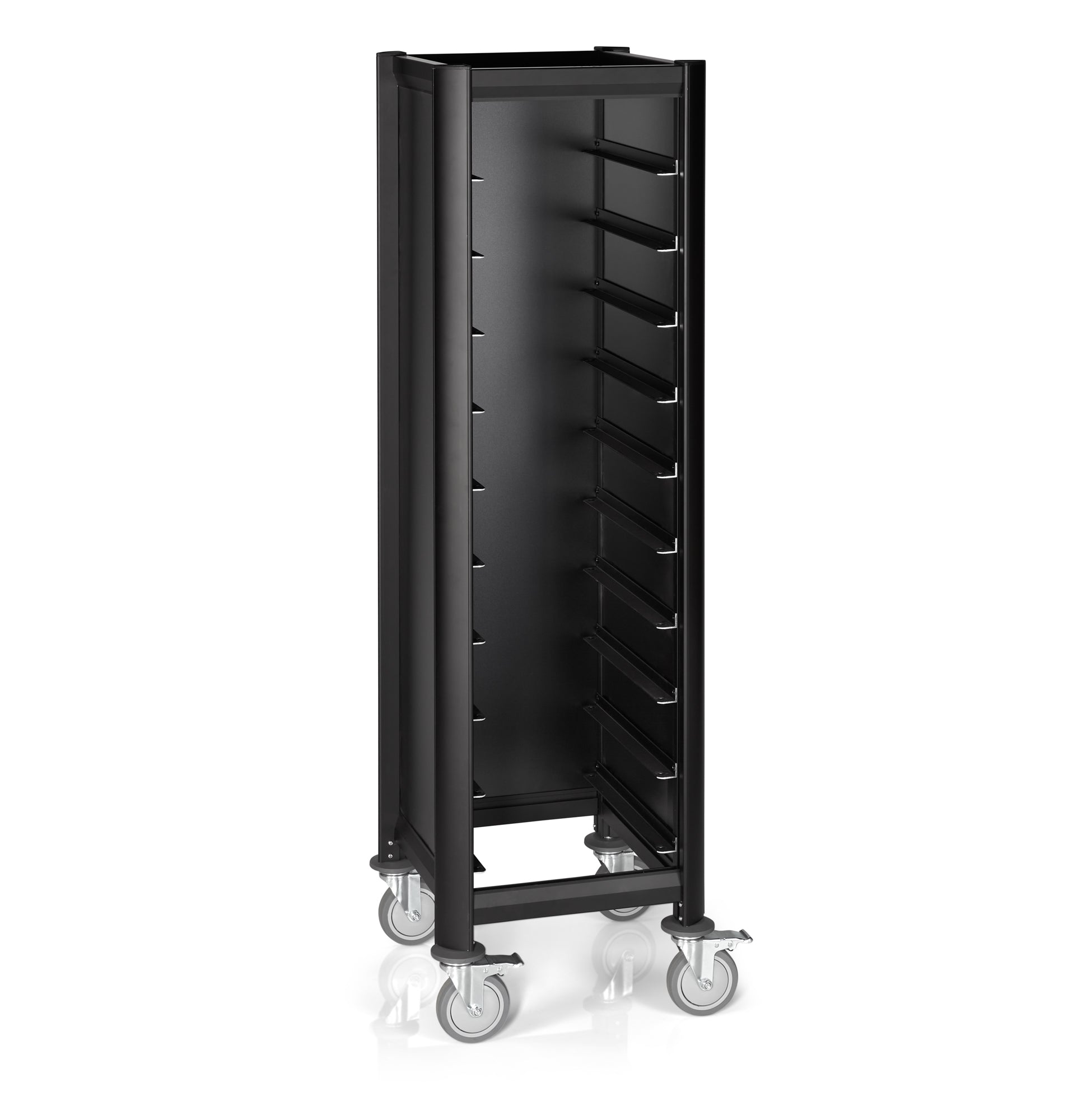 Tablettwagen SINGLE Mensa, für 10 Tabletts, schwarz, 51,5 x 47,5 x 165, MDF Holzoptik/Aluminium