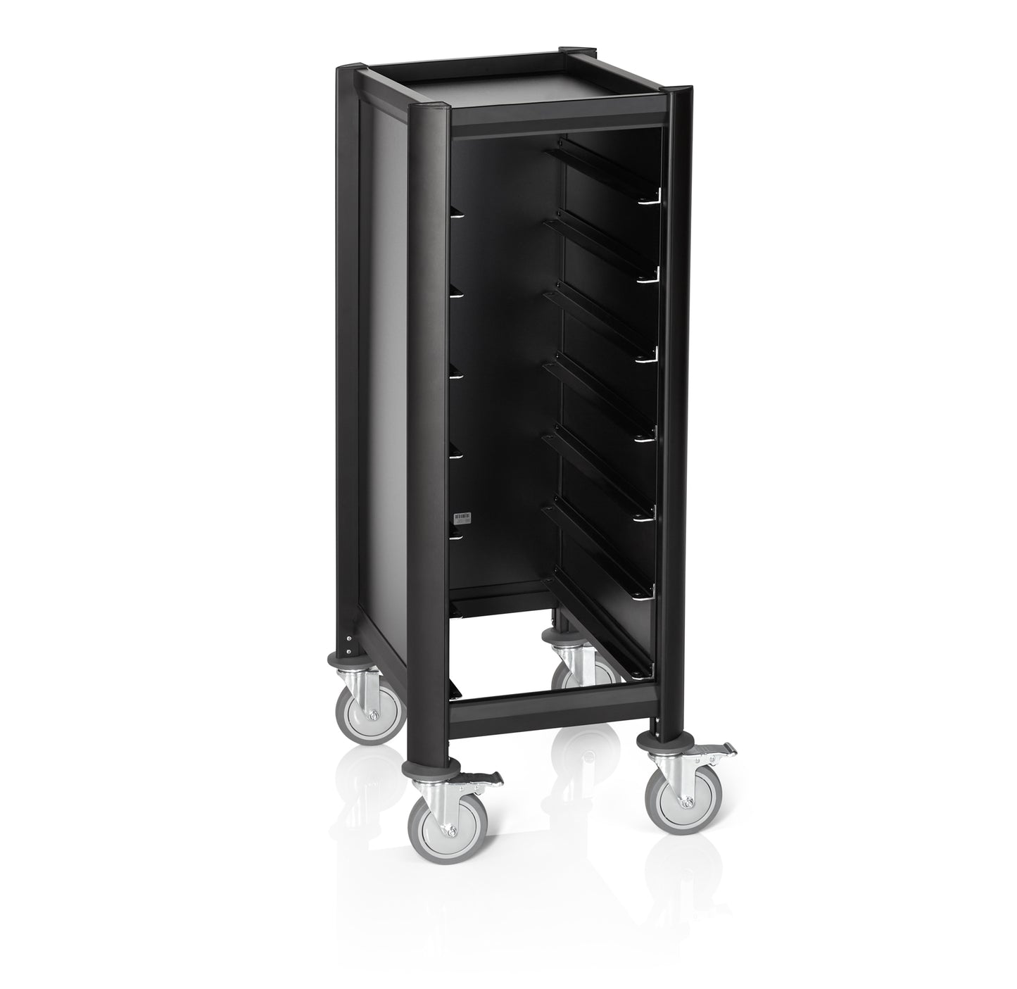 Tablettwagen SINGLE GN 1/1 Mensa, für 7 Tabletts, schwarz, 60 x 44,5 x 125 cm, MDF/Aluminium