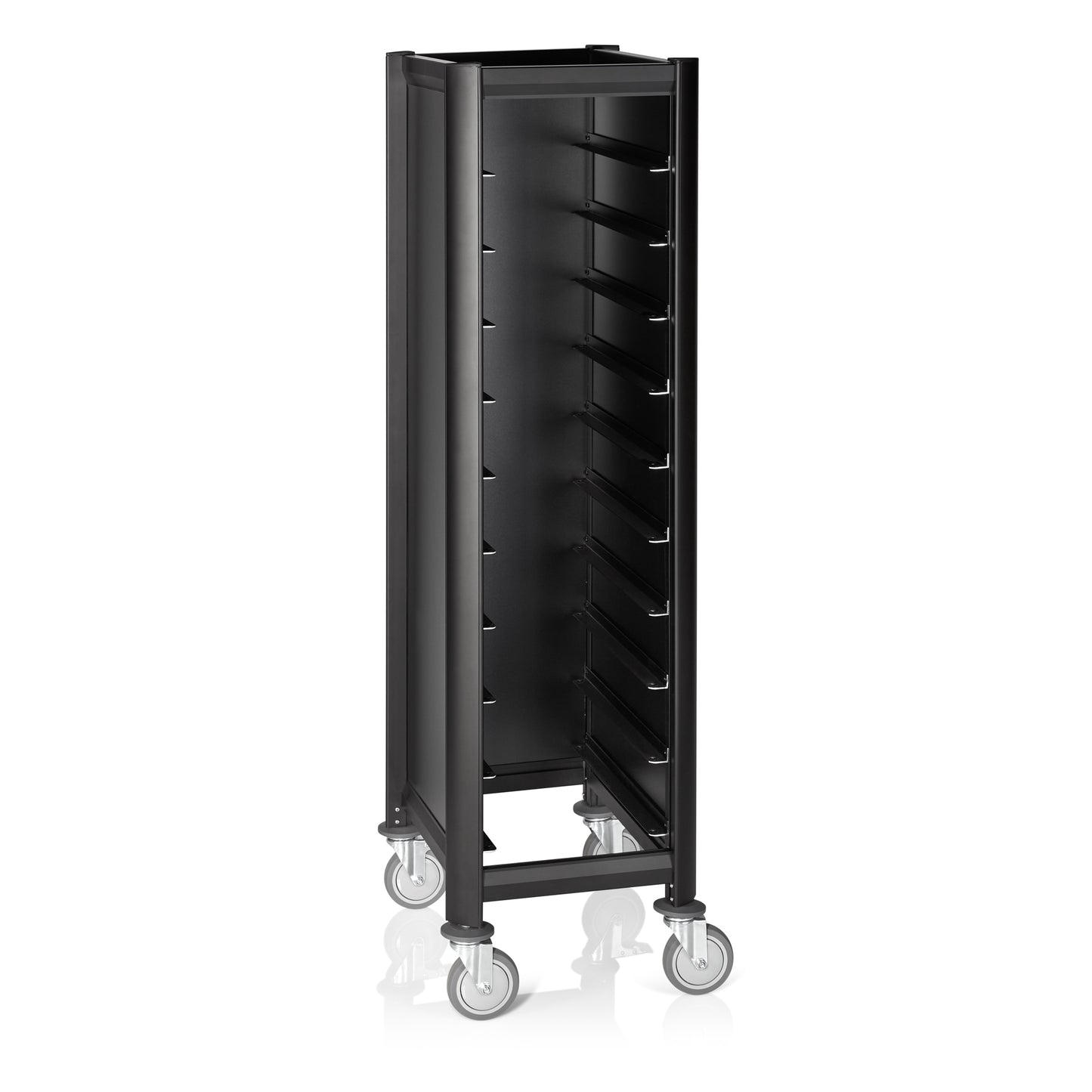 Tablettwagen SINGLE GN 1/1 Mensa, für 10 Tabletts, schwarz, 60 x 44,5 x 165 cm, MDF/Aluminium