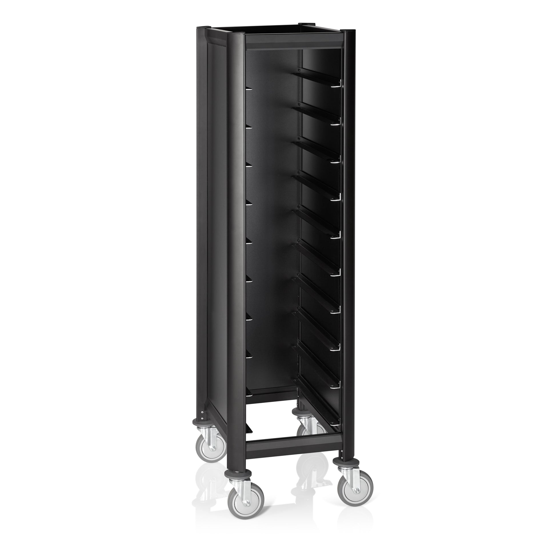 Tablettwagen SINGLE GN 1/1 Mensa, für 10 Tabletts, schwarz, 60 x 44,5 x 165 cm, MDF/Aluminium