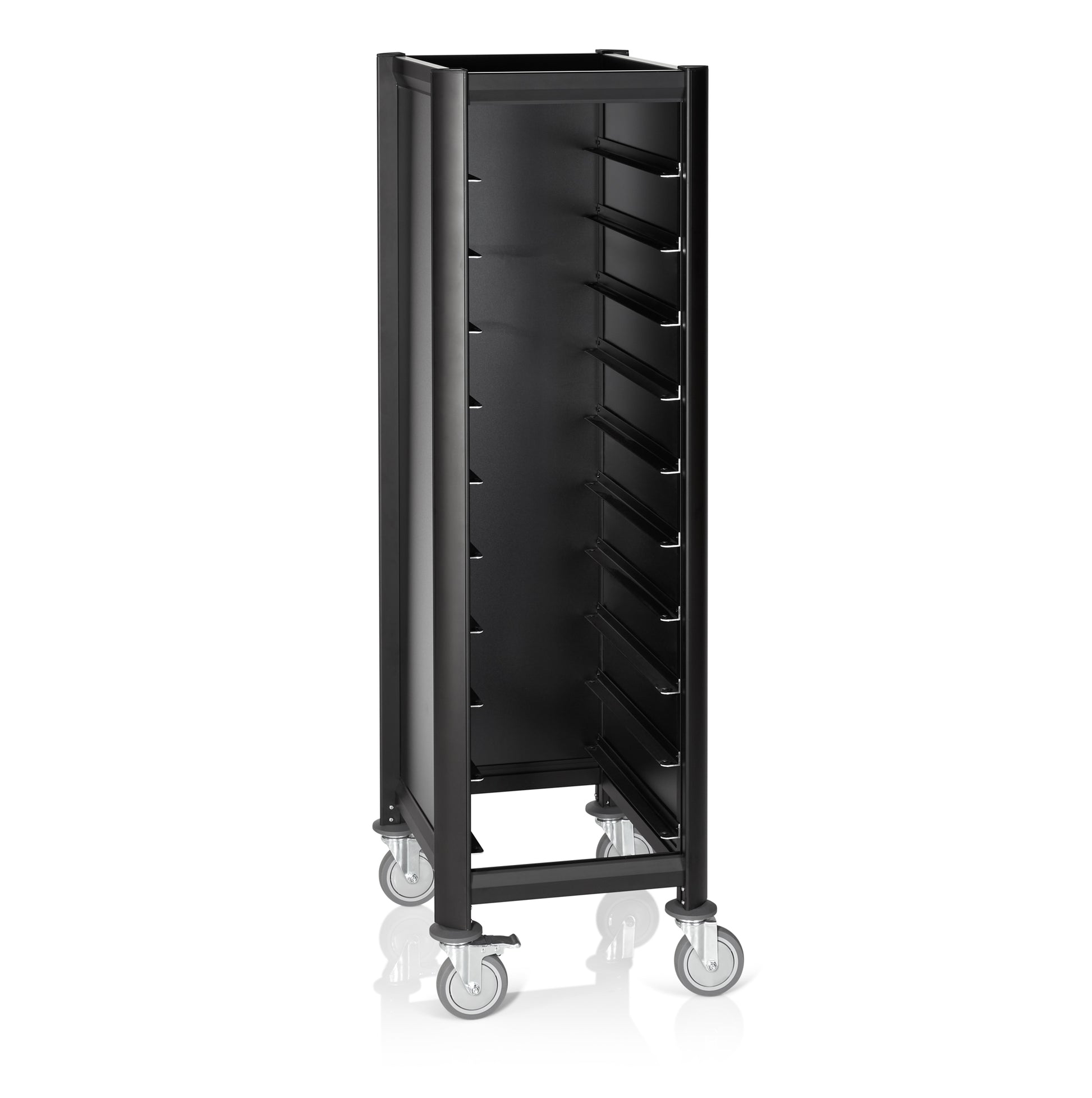 EN Regalwagen SINGLE Mensa, für 10 EN Tabletts, schwarz, 60 x 50 x 165 cm, MDF/Aluminium