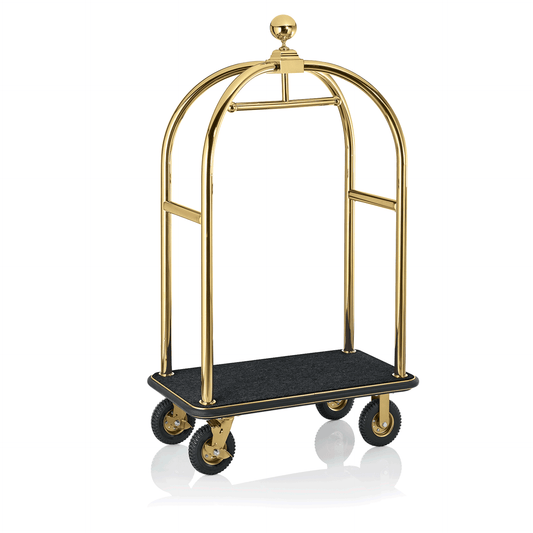 Gepäckwagen Drift, 112 x 60 x 190 cm, Titanium gold, schwarzer Teppich, Chromnickelstahl 18/8 