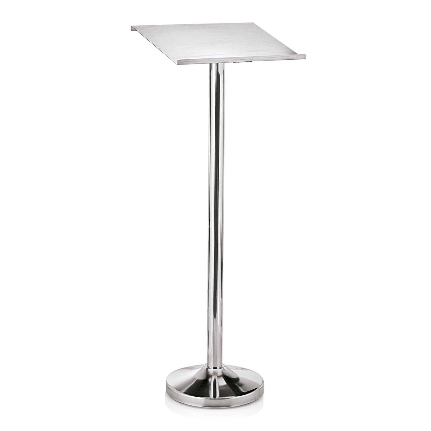 Auslagepult, Höhe 118 cm, Pult 44 x 34,5 cm, edelstahlfarben, Chromnickelstahl 