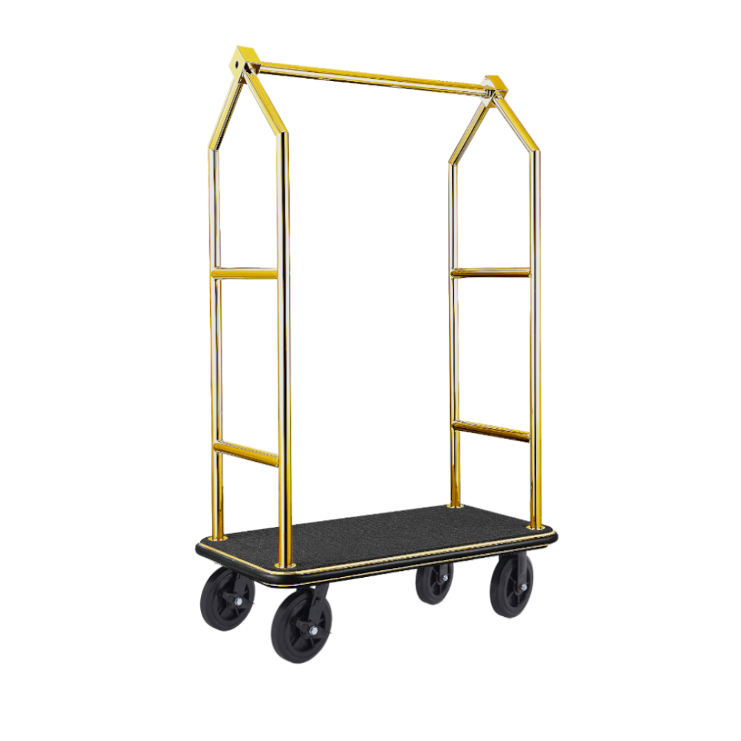 Gepäckwagen Voyager, 112 x 65 x 190 cm, Titanium gold, schwarzer Teppich, Chromnickelstahl 18/8 