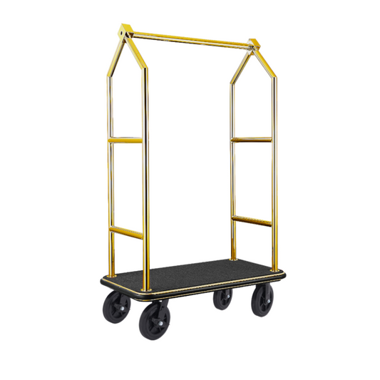 Gepäckwagen Voyager, 112 x 65 x 190 cm, Titanium gold, schwarzer Teppich, Chromnickelstahl 18/8 
