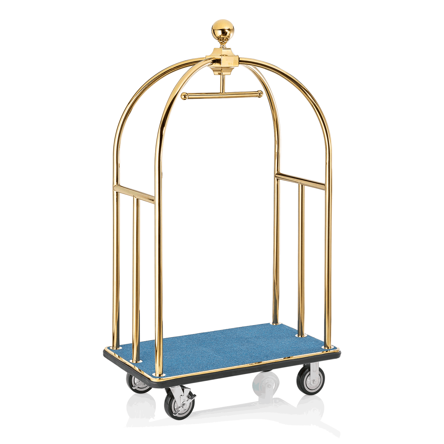Gepäckwagen Unity, 112 x 60 x 185 cm, goldfarben, blauer Teppich, Edelstahl 