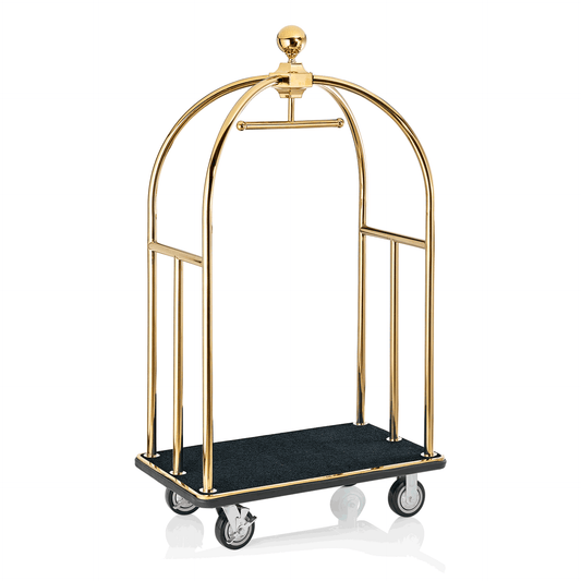 Gepäckwagen Unity, 112 x 60 x 185 cm, goldfarben, schwarzer Teppich, Edelstahl 