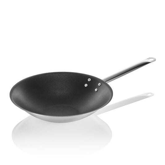 Wok mit Antihaftbeschichtung und abgeflachtem Boden, Ø 38 cm, Chromnickelstahl 18/10 
