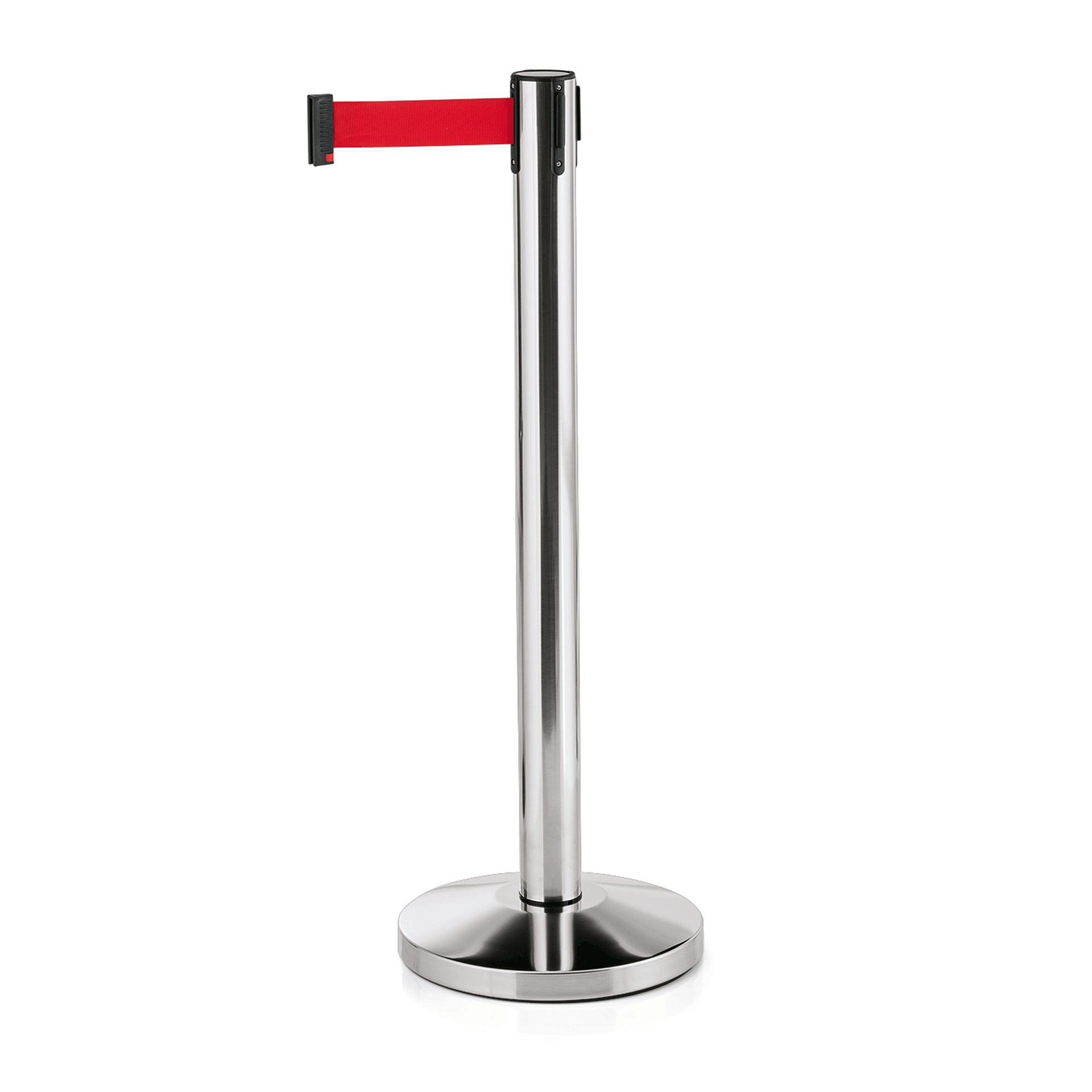 Abgrenzungspfosten Lightflex, hochglanzpoliert, 200 cm, rotes Gurtband, Set á 2 Stück, Edelstahl 