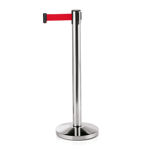 Abgrenzungspfosten Lightflex, hochglanzpoliert, 200 cm, rotes Gurtband, Set á 2 Stück, Edelstahl 
