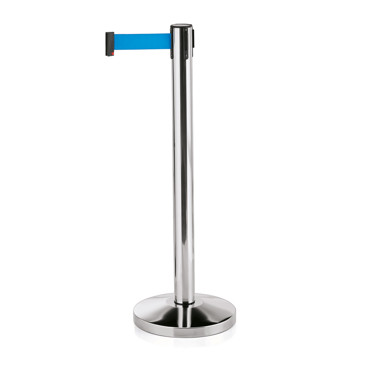Abgrenzungspfosten Lightflex, hochglanzpoliert, 200 cm, blaues Gurtband, Set á 2 Stück, Edelstahl 