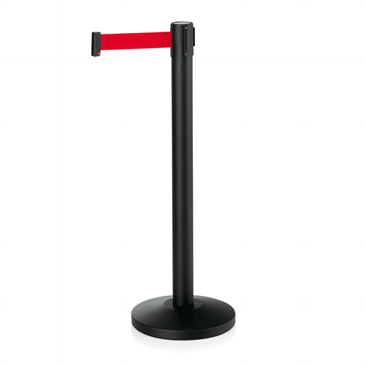 Abgrenzungspfosten Lightflex, schwarz, 200 cm, rotes Gurtband, pulverbeschichtet, Polyesterfaser, Set á 2 Stück, Stahl