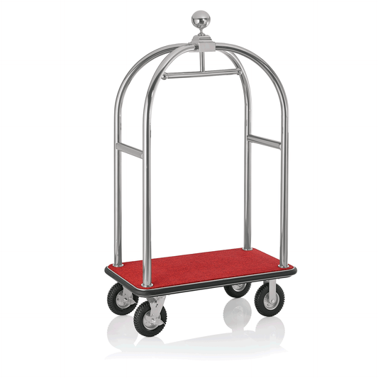 Gepäckwagen Drift, 112 x 60 x 190 cm, silberfarben gebürstet, roter Teppich, Chromnickelstahl 18/8 