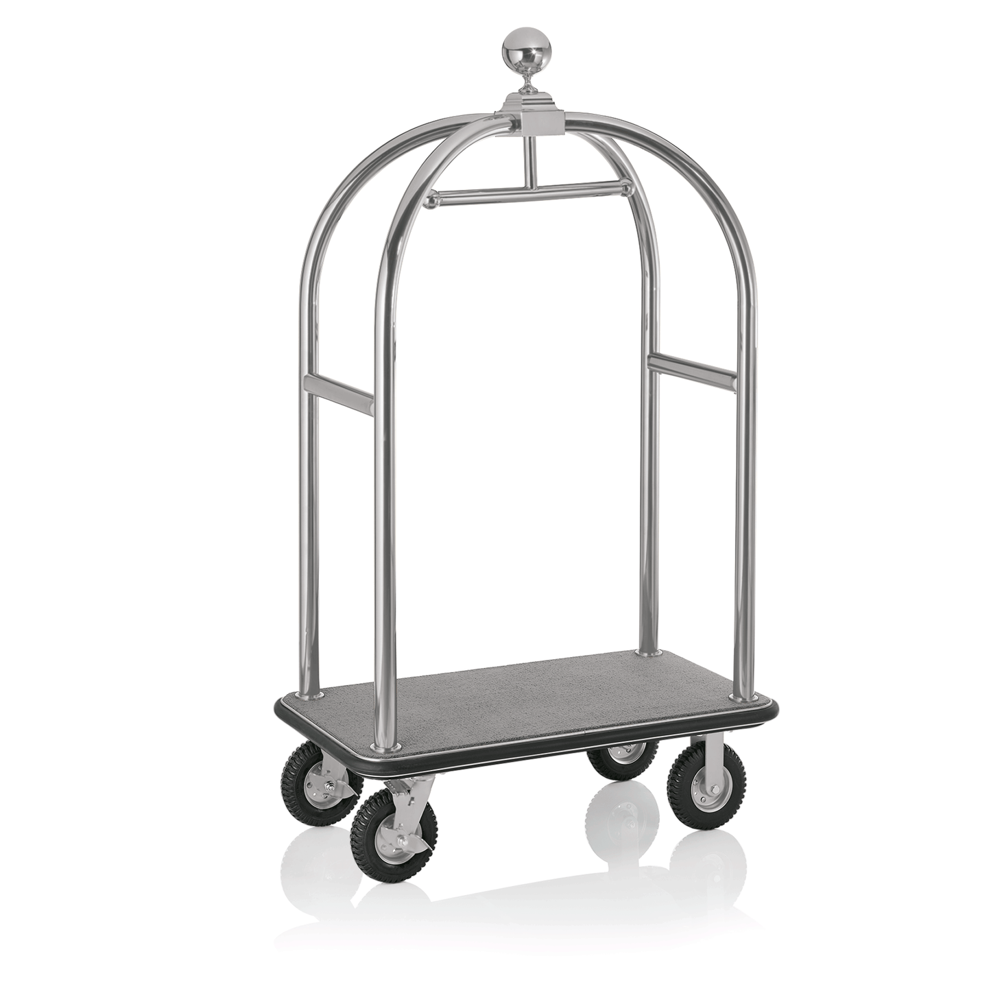 Gepäckwagen Drift, 112 x 60 x 190 cm, silberfarben gebürstet, grauer Teppich, Chromnickelstahl 18/8 