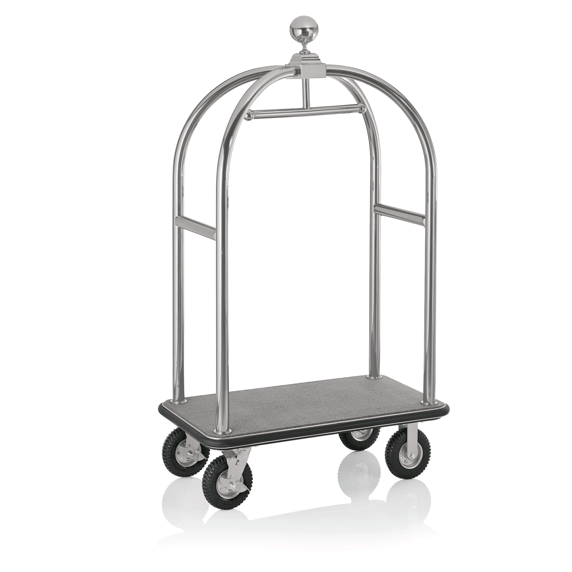 Gepäckwagen Drift, 112 x 60 x 190 cm, silberfarben gebürstet, grauer Teppich, Chromnickelstahl 18/8 