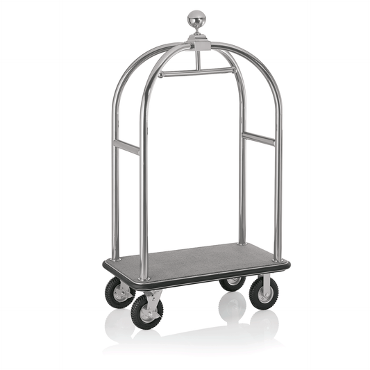 Gepäckwagen Drift, 112 x 60 x 190 cm, silberfarben gebürstet, grauer Teppich, Chromnickelstahl 18/8 