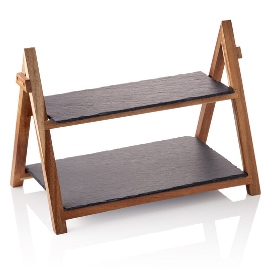 Serviergestell SLATE LINE, 2-stufig, Höhe 30 cm, Naturschiefer, Holz 
