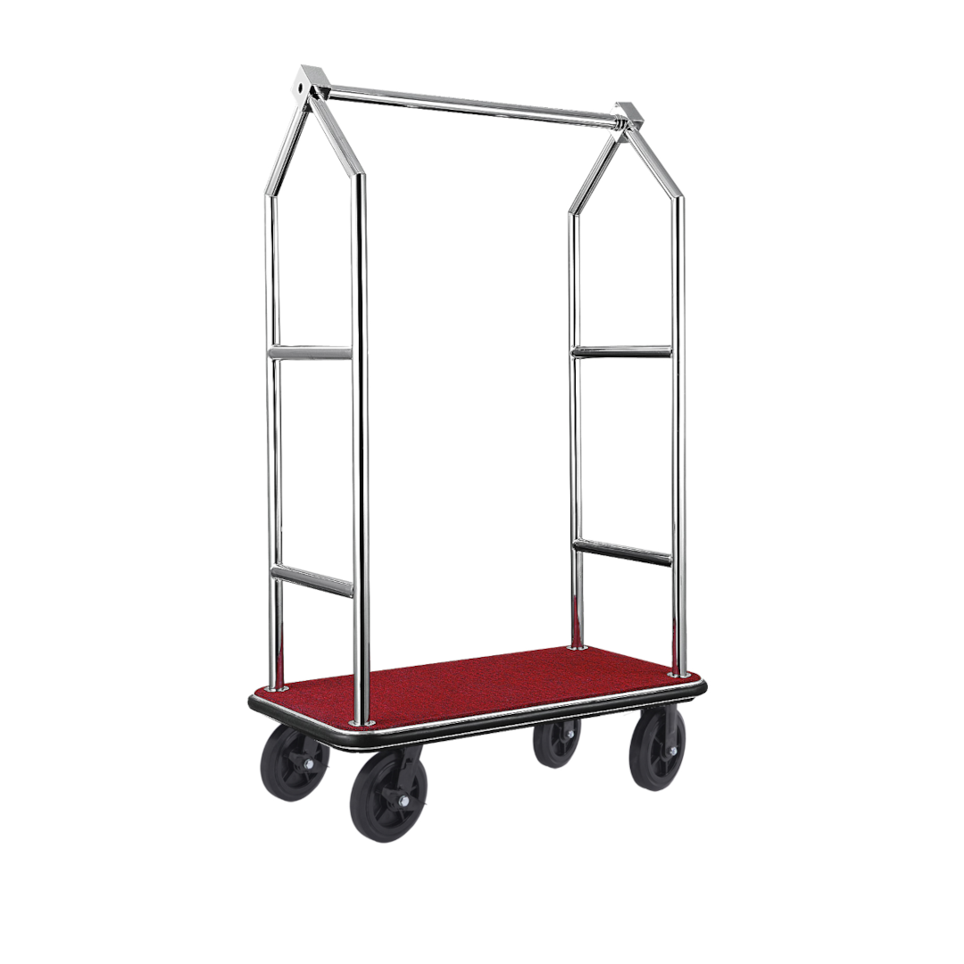 Gepäckwagen Voyager, 112 x 65 x 190 cm, gebürstet, roter Teppich, Chromnickelstahl 18/8 